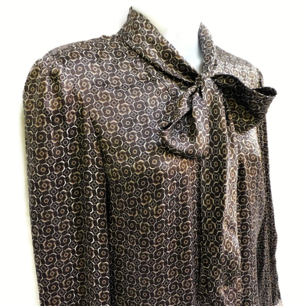 SiLK Satin Tahari Blouse Career Neck Bow Designer Copper Buttons Kaleidoscope